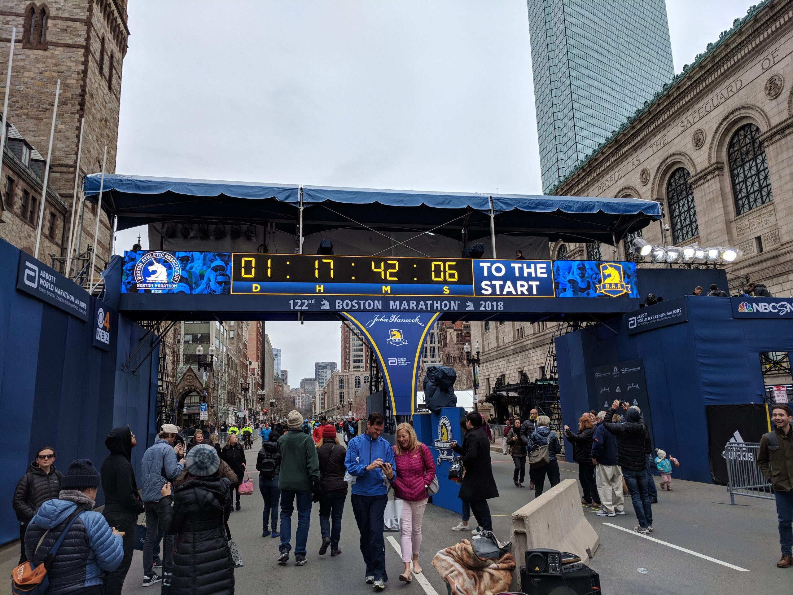 Boston Marathon finish line with a countdown clock to race day